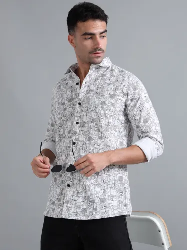 White Cotton With Black Printed Shirt