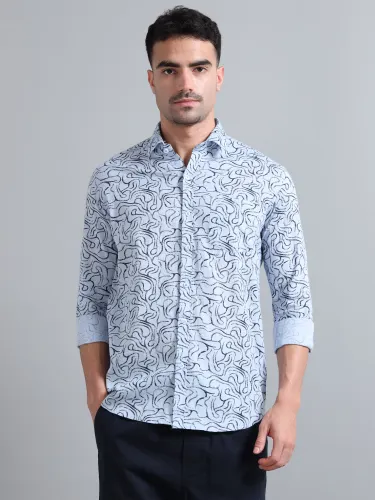Sky Blue Cotton With Navy Printed Shirt