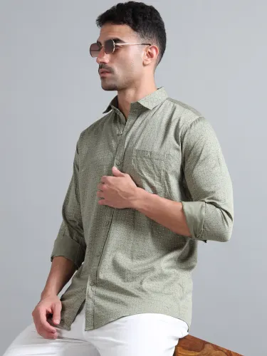 Olive Green Geometric Printed Shirt