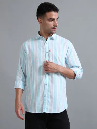 White & Aqua Striped Shirt