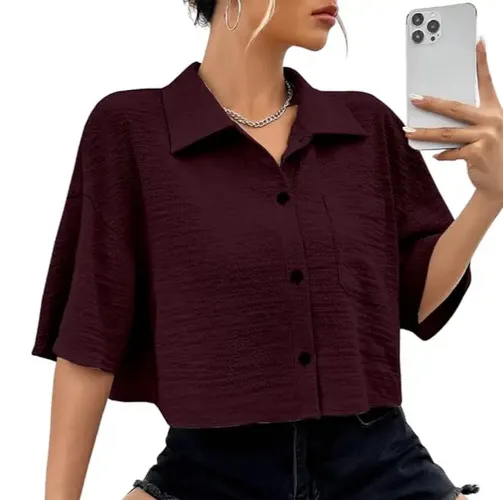 Textured B Velvet Crop Shirt – Classy Semi-Sheer Style | Western Summer Wear