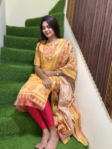 Mustard Yellow Kota Kurti With Dupatta