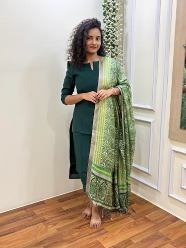 Muslin Green Kurti With Kalamkari Dupatta