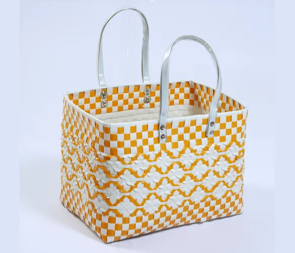 Orange with White double weave Standard Lunch Bag | Handmade Multipurpose Chettinad Basket with Handle