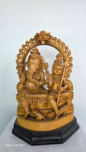 12"  Lord Ganesha and Karthkeya (Murugan) with Mushak and Peacock with arch & peedam, hand carved