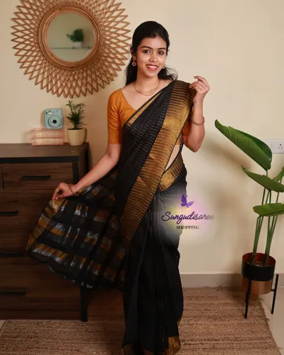 Black color saree with Mustard blouse sungudi Tissue