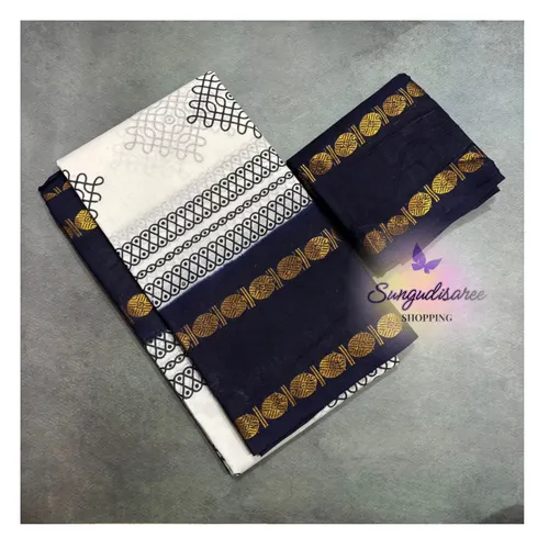 White with dark navy blue kolam printed saree