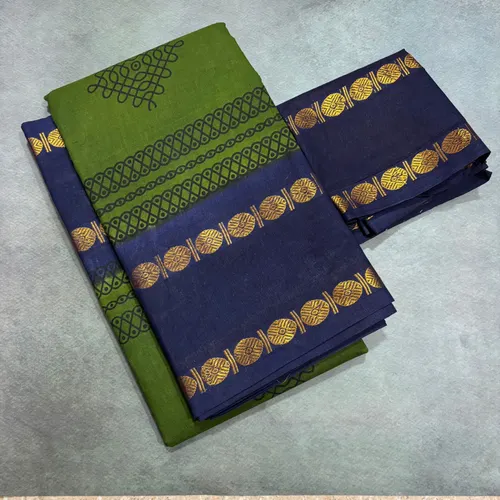 Green Kolam printed saree with Rettapetta blouse