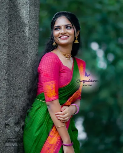 Green with Dark pinkish rose zari kattam saree