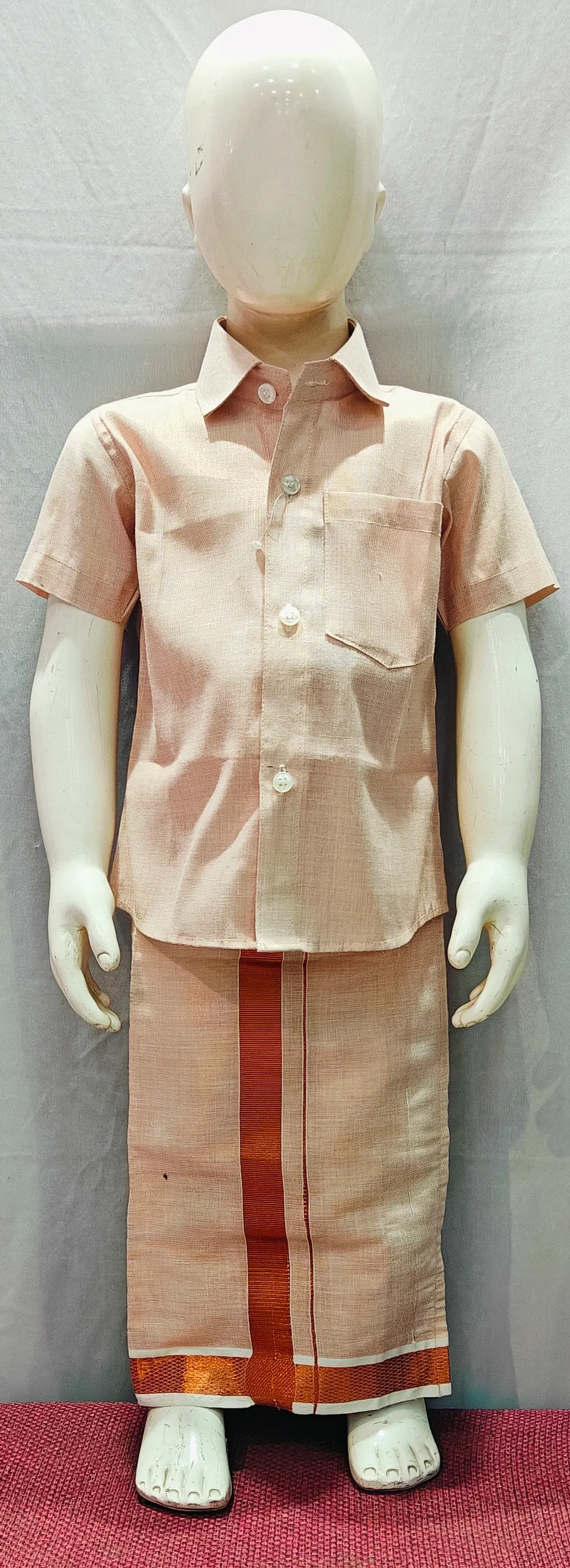 Boys Tissue Jari Half Sleeve Shirt Dhoti Set Copper