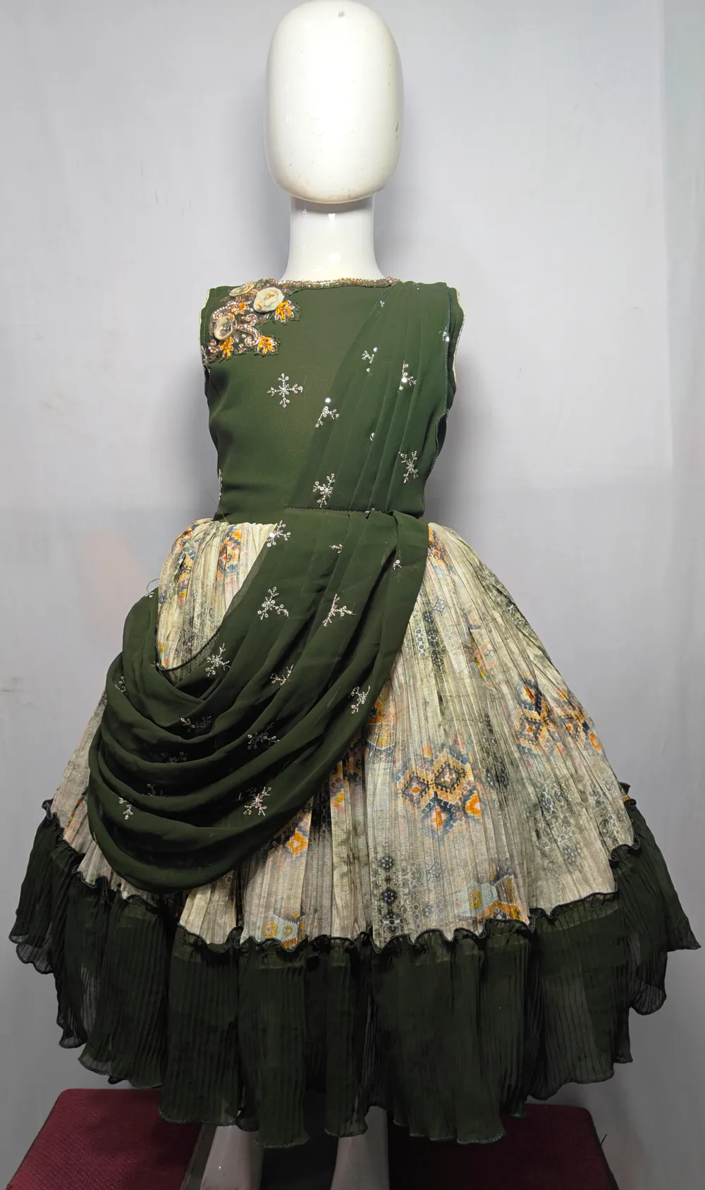 Olive Green Frock with Draped Saree Effect