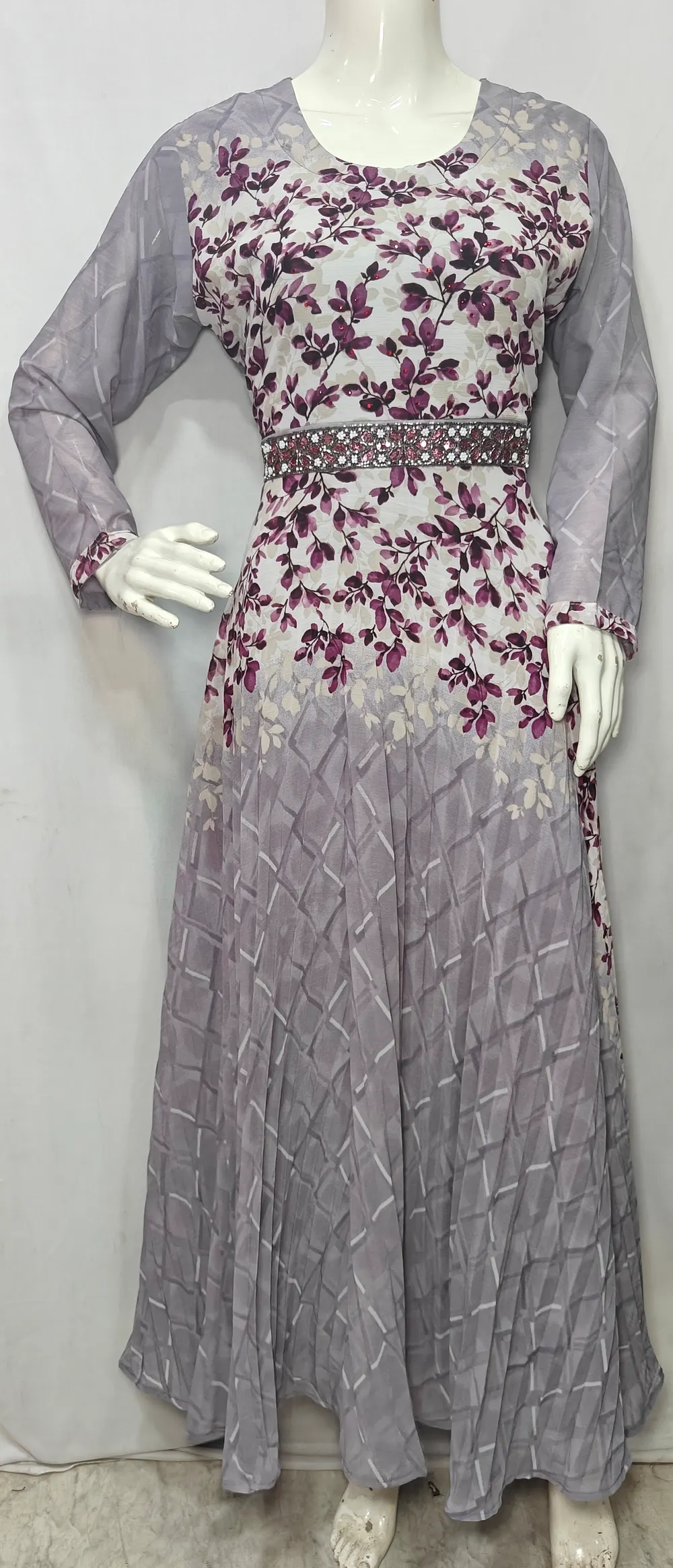 Lavender Grey Floral Print Umbrella Kurtis