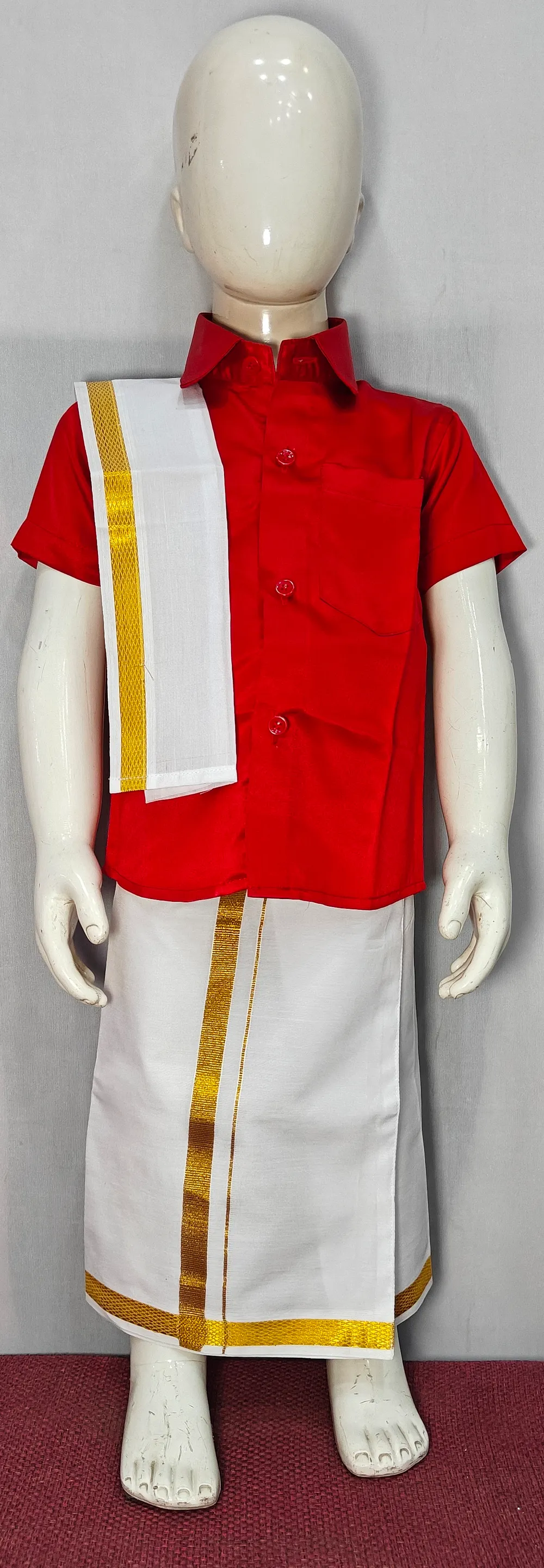 Red and White Dhoti Set