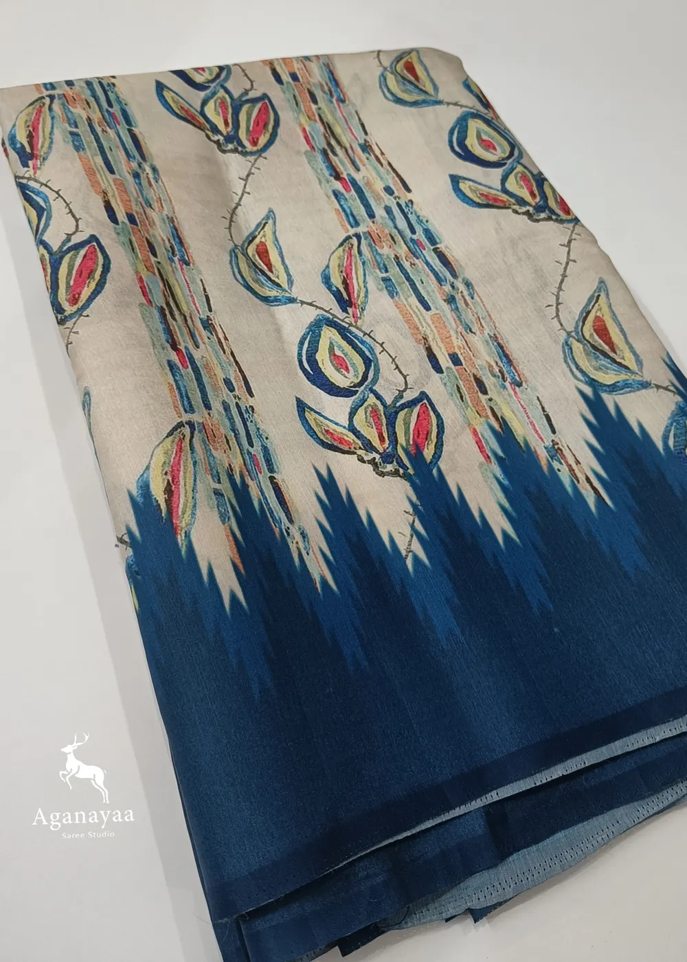 Deep Blue And Creamy Satin Silk