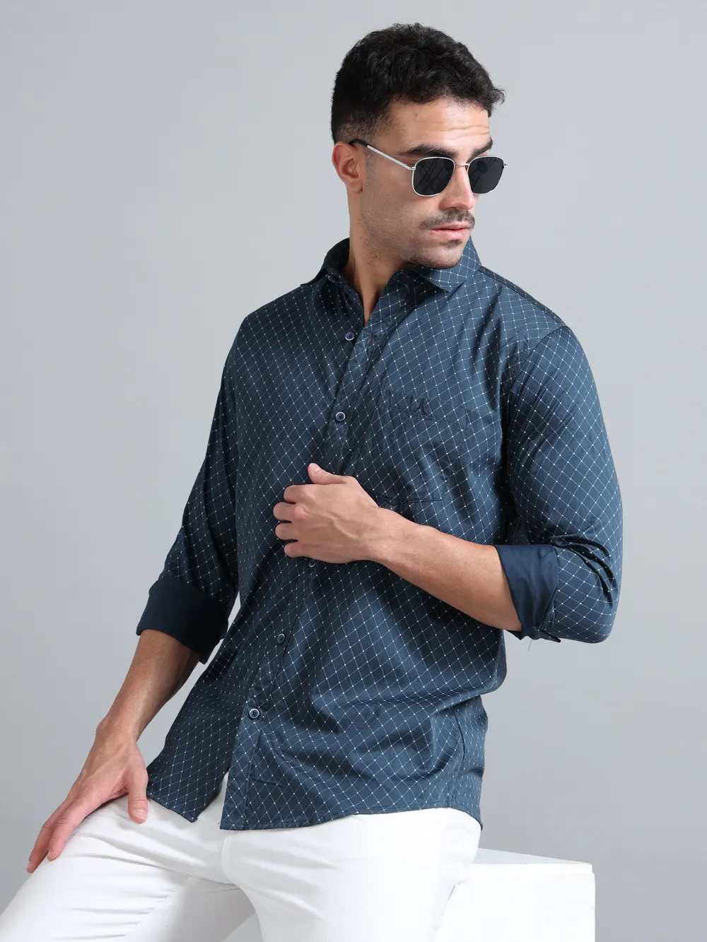 Navy Blue Geometric Printed Shirt