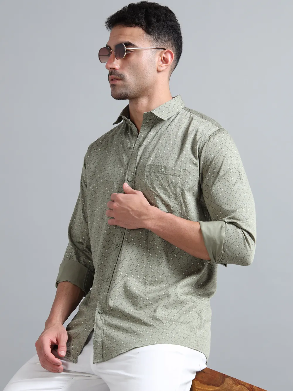 Olive Green Geometric Printed Shirt