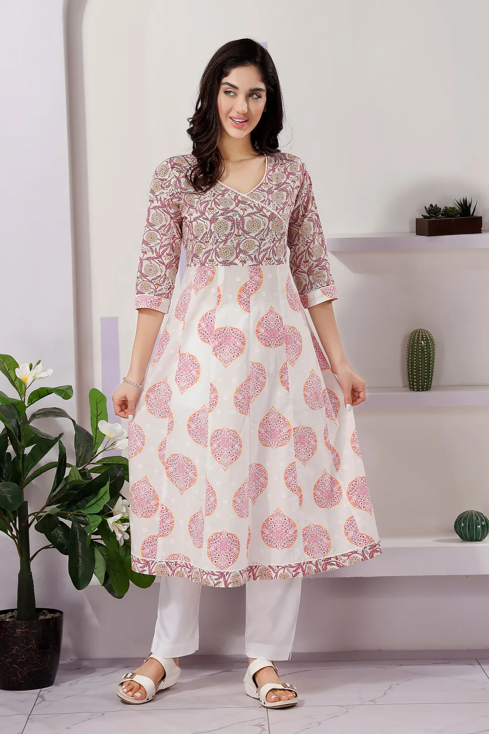 Trendy Pink White Color Cotton Anarkali Kurti with Mix N Match Prints