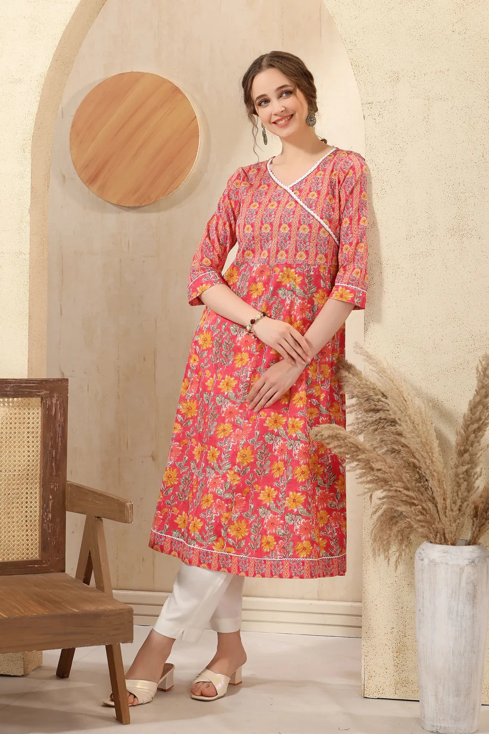 Tomato Jaipuri Cotton Print Anarkali For Women With Laces Embellishment