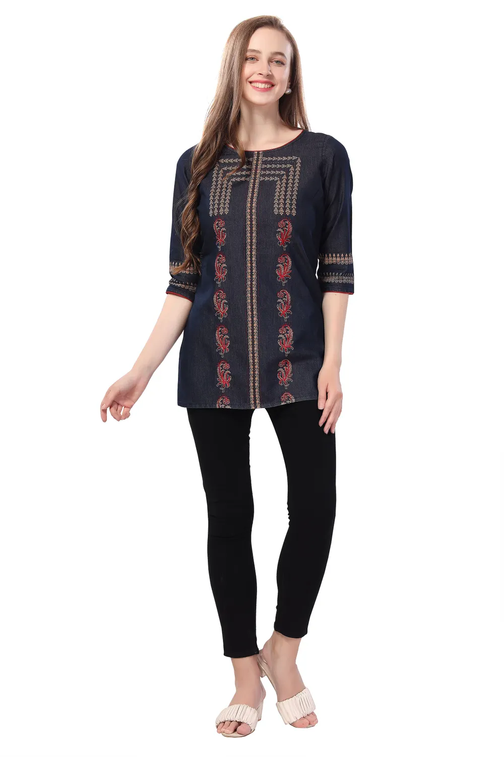 Denim Delight Short Tunic Featuring Color Wash Print and Thread Work