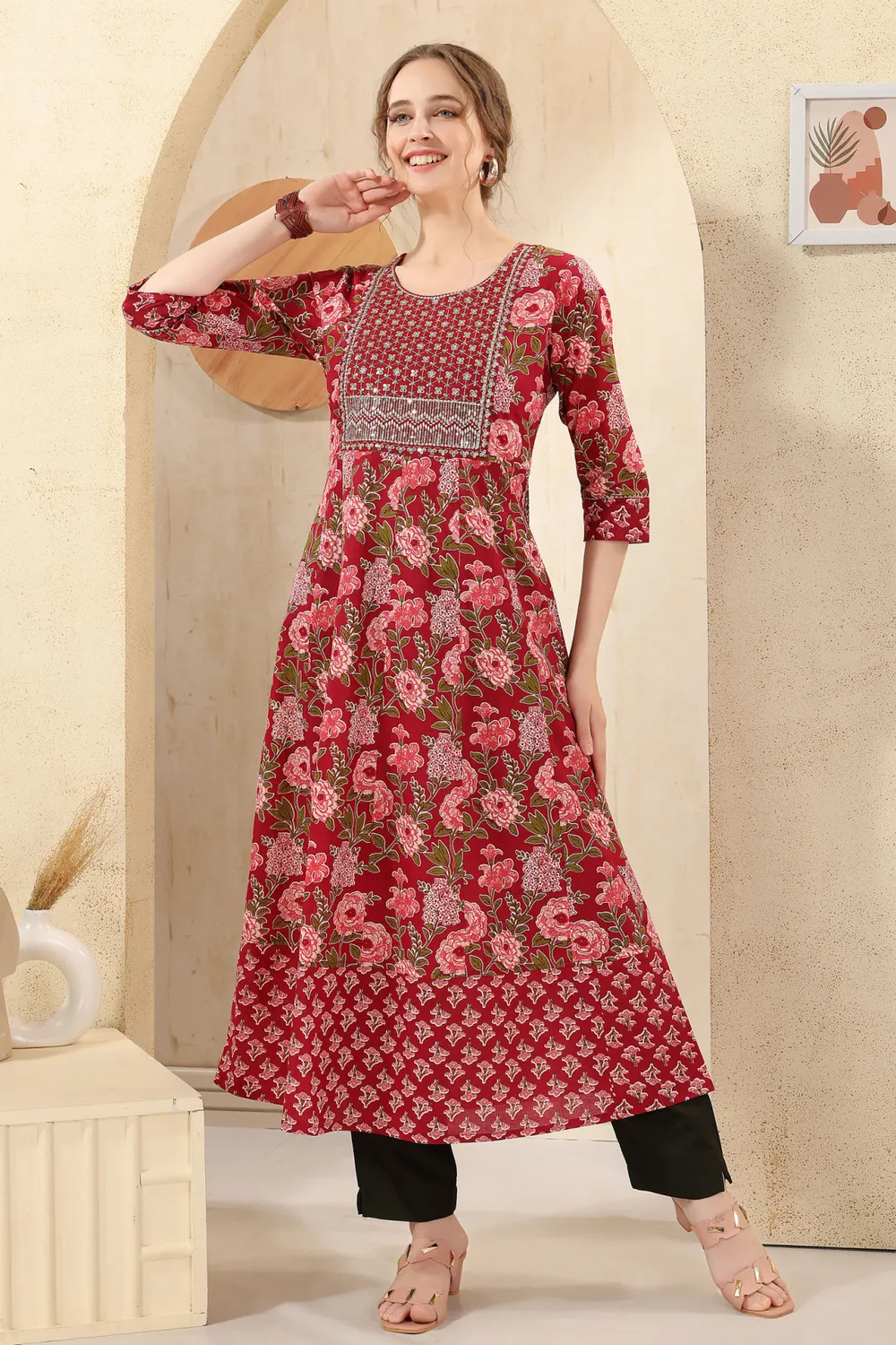 Maroon Jaipuri Cotton Print Anarkali For Women With Zari Embroidery