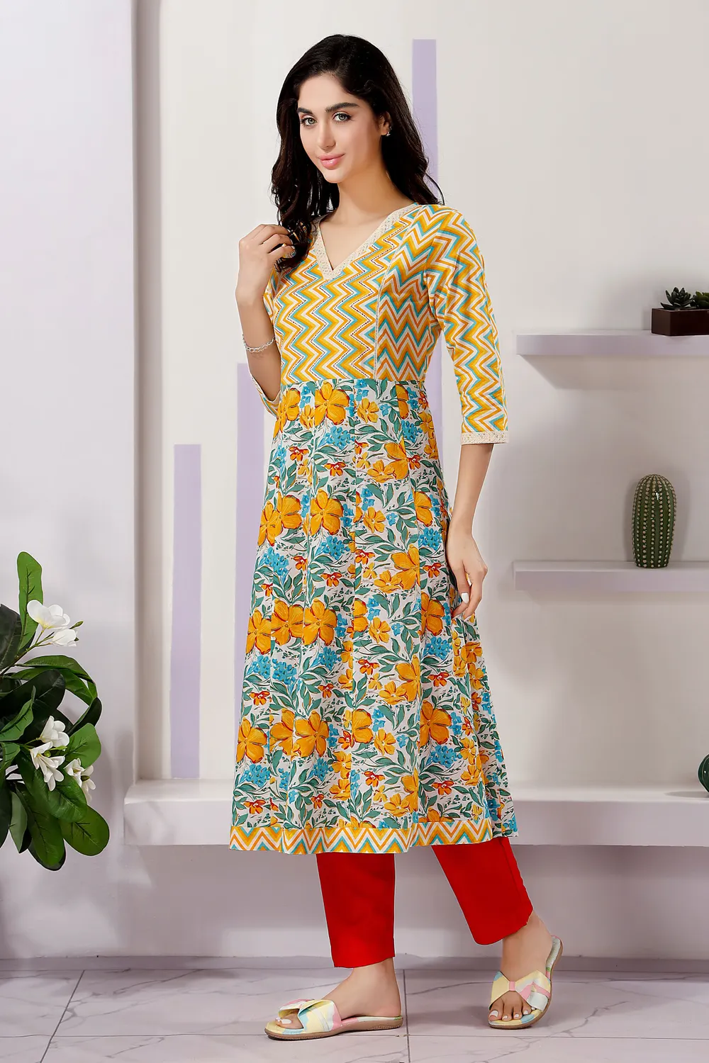 Fashionable Yellow Anarkali Kurti in Cotton with Mixed Print Patterns