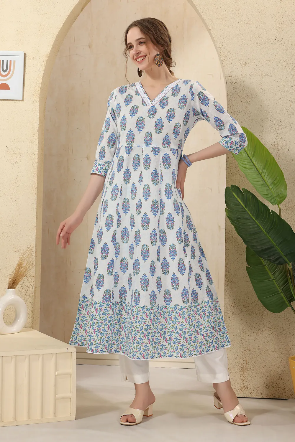 White Jaipuri Cotton Print Anarkali For Women With Laces Embellishment