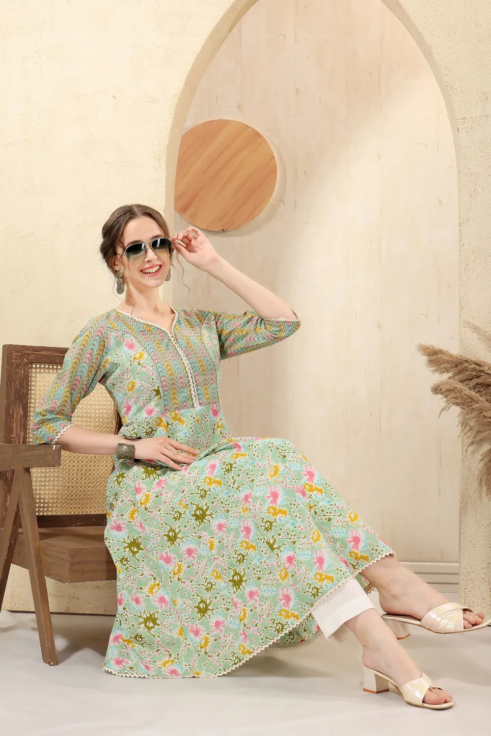 Sea Green Jaipuri Cotton Print Anarkali For Women With Laces Embellishment