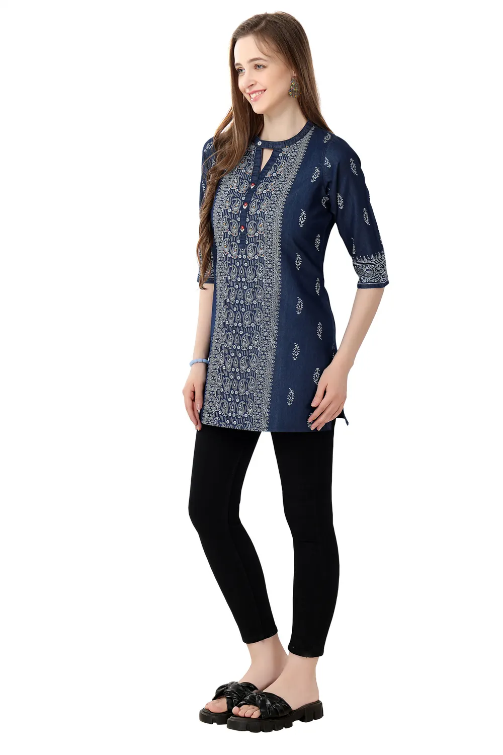 Denim Blue Tunic With Beautiful Print And Thread Work