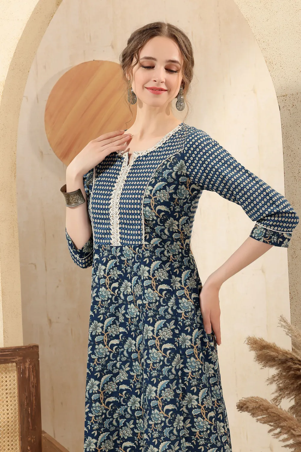 Blue Jaipuri Cotton Print Anarkali For Women With Laces Embellishment