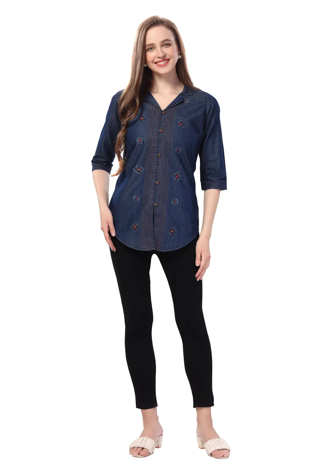 Denim Elegance Applique Embroidery and Cloud Wash on Coat Collar Tunic