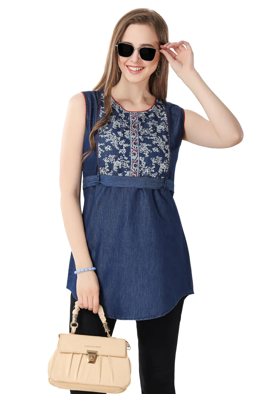 Stylish Blue Denim Sleeveless Tunic with Designer Yoke and Belt