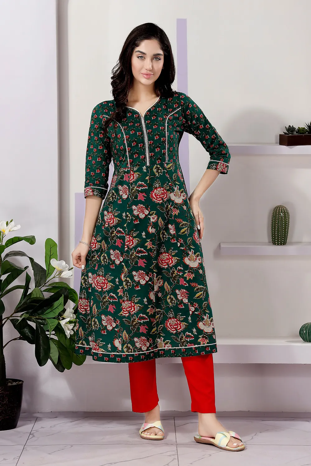 Fashionable Green Anarkali Kurti in Cotton with Mixed Print Patterns