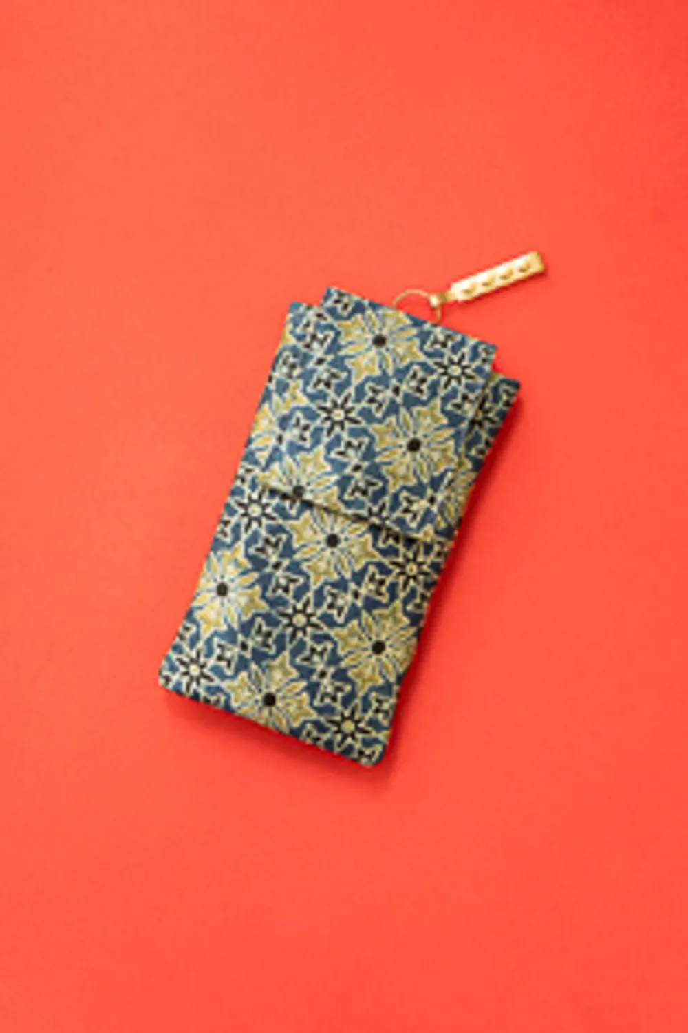 Ajrakh Print Silk Mobile Phone Pouch With Saree Hook