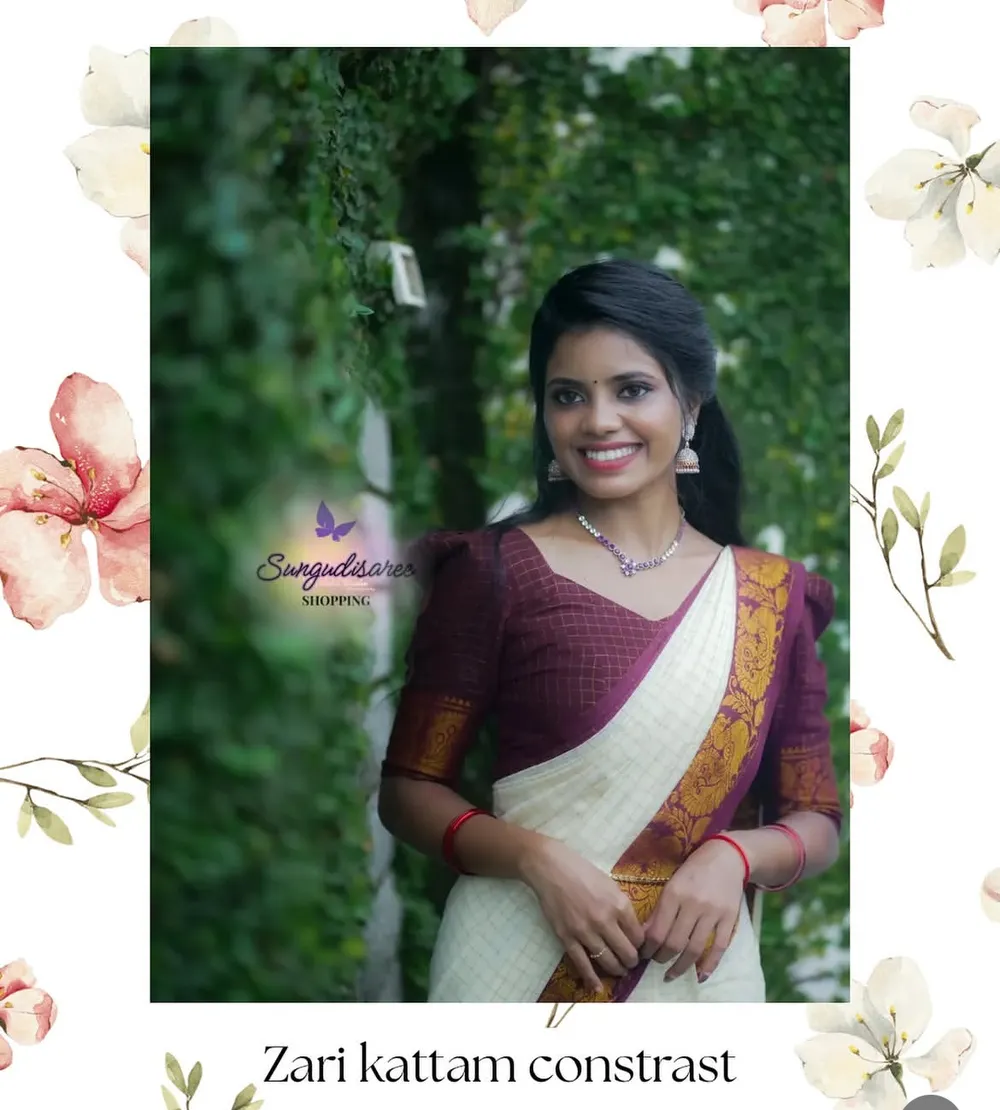 Half white with maroon zari kattam saree