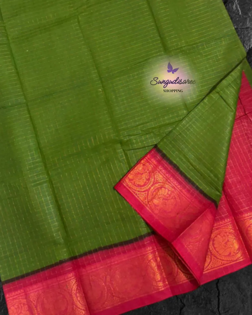 Green with Dark pinkish rose zari kattam saree