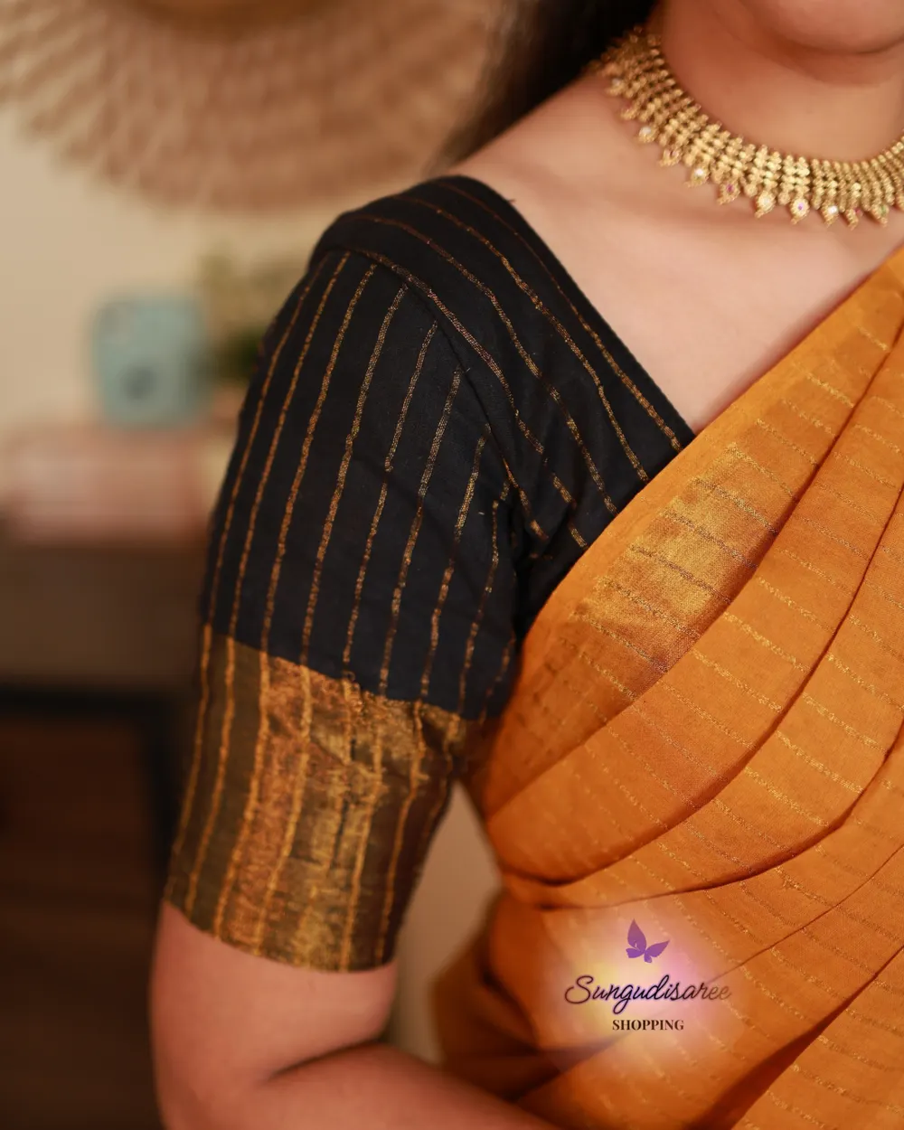 Mustard color saree with black blouse keerthi tissue sungudi
