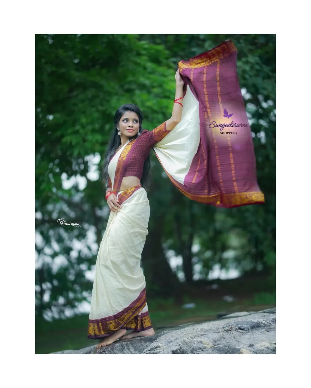 Half white with maroon zari kattam saree