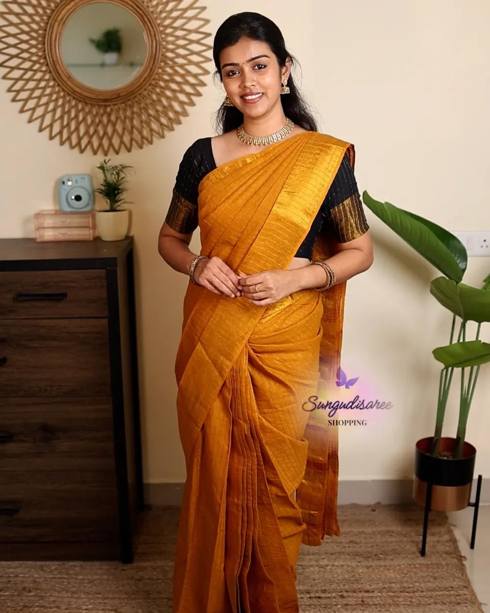 Mustard color saree with black blouse keerthi tissue sungudi