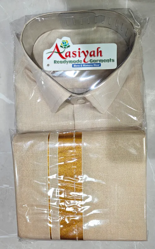Boys Tissue Jari Half Sleeve Shirt Dhoti Set Gold