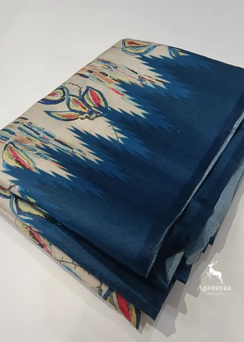 Deep Blue And Creamy Satin Silk