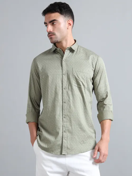 Olive Green Geometric Printed Shirt