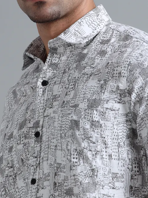 White Cotton With Black Printed Shirt