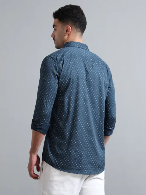 Navy Blue Geometric Printed Shirt