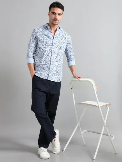 Sky Blue Cotton With Navy Printed Shirt