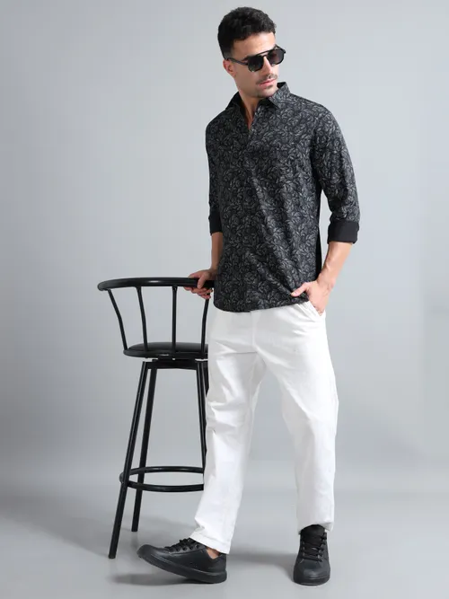 Black Cotton Floral White Printed Shirt