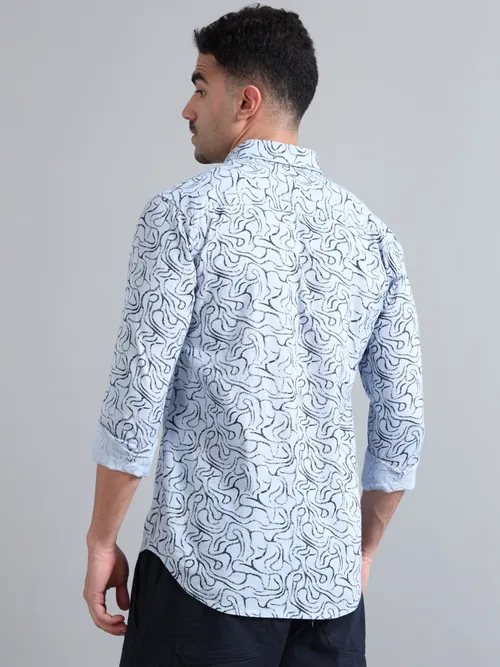 Sky Blue Cotton With Navy Printed Shirt