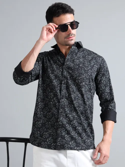 Black Cotton Floral White Printed Shirt