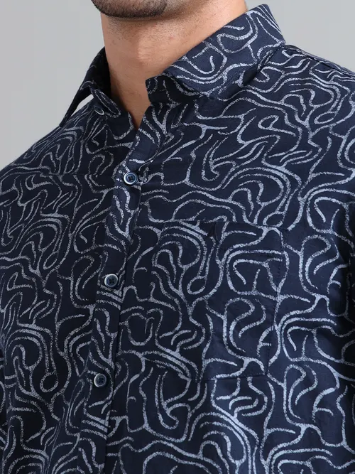 Navy Blue Cotton With White Printed Shirt