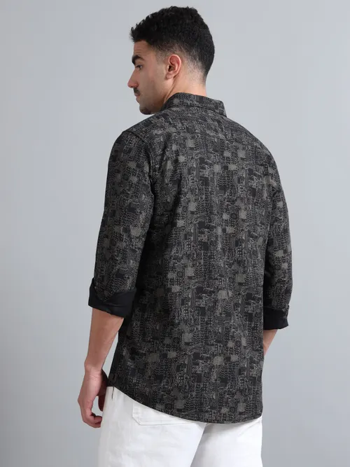 Black Cotton With White Printed Shirt
