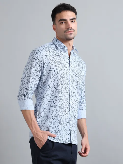 Sky Blue Cotton With Navy Printed Shirt